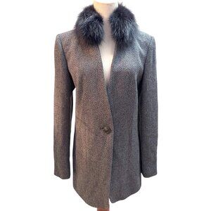 LINDA ALLARD ELLEN TRACY Women's Size 10 Grey Wool Blend Fox Fur Collar Blazer